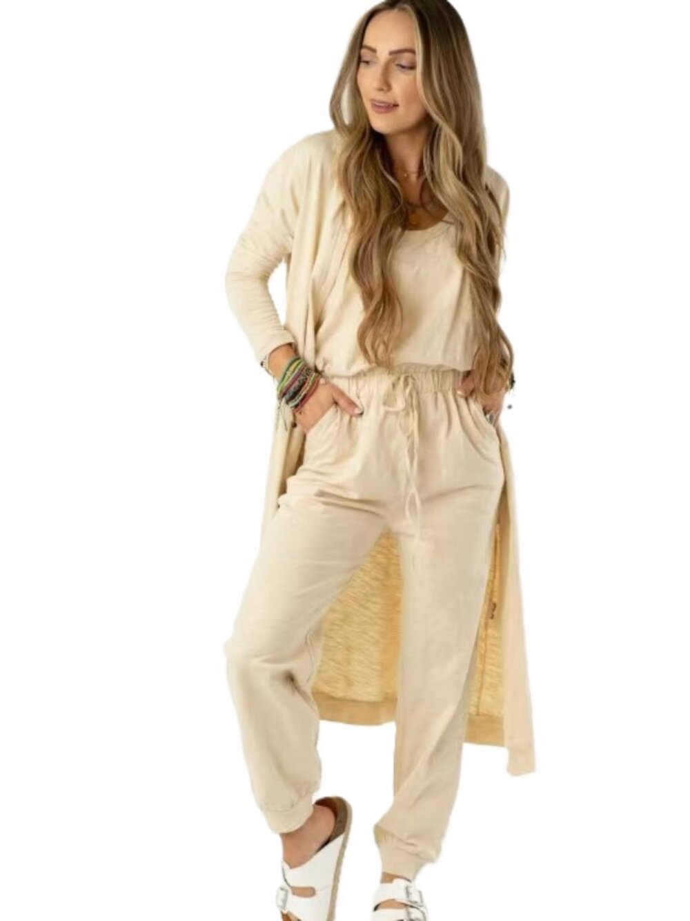 Three Bird Nest Set to Go Textured Jumpsuit And Cardigan Coord Set Butter Yellow